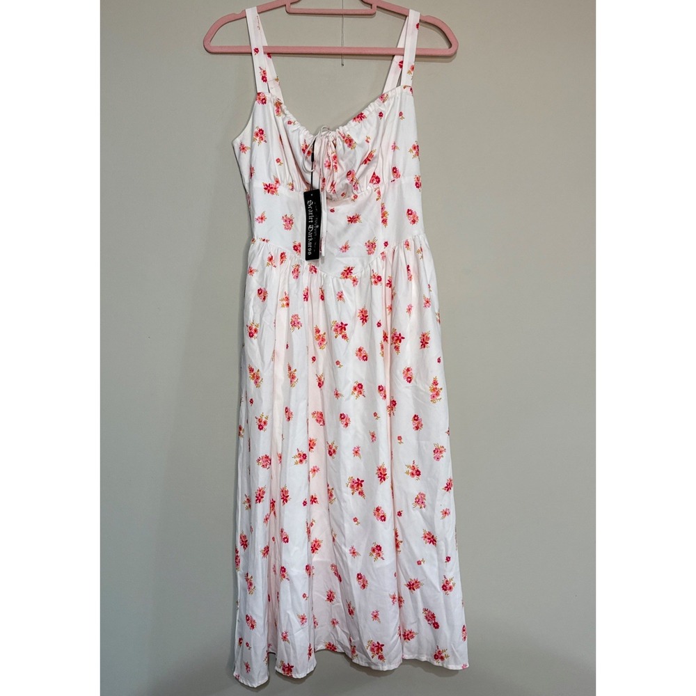 Scarlett Darkness Corset Waist Smocked Back Floral Midi Dress Cottage NEW Small